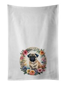 Fawn Pug and Flowers Kitchen Towel Set of 2 White Dish Towels Decorative Bathroom Hand towel for Hand, Face, Hair, Yoga, Tea, Dishcloth, 19 X 28"