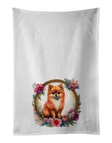 Pomeranian and Flowers Kitchen Towel Set of 2 White Dish Towels Decorative Bathroom Hand towel for Hand, Face, Hair, Yoga, Tea, Dishcloth, 19 X 2