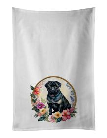 Black Pug and Flowers Kitchen Towel Set of 2 White Dish Towels Decorative Bathroom Hand towel for Hand, Face, Hair, Yoga, Tea, Dishcloth, 19 X 28