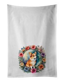 Corgi and Flowers Kitchen Towel Set of 2 White Dish Towels Decorative Bathroom Hand towel for Hand, Face, Hair, Yoga, Tea, Dishcloth, 19 X 28", W