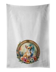 Chihuahua and Flowers Kitchen Towel Set of 2 White Dish Towels Decorative Bathroom Hand towel for Hand, Face, Hair, Yoga, Tea, Dishcloth, 19 X 28
