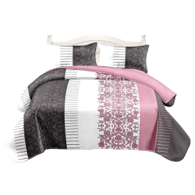 3-Piece Reversible Quilt Set, Charcoal Grey & Blush Pink Damask Printed Bedspread with 2 Shams, Lightweight Microfiber Coverlet (Color: Charcoal Grey & Blush Pink Damask, size: CAL KING)