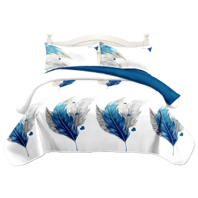 3-Piece Reversible Blue Feather Quilt Set, Modern Boho Printed Bedspread with 2 Shams, Lightweight Water Repellent Microfiber Coverlet, Pet Frien (Color: Blue Feather, size: KING)