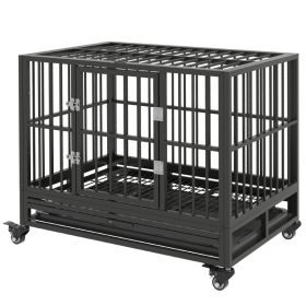 Heavy Duty Dog Crate Metal Cage Kennel With Lockable Wheels, Double Door And Removable Tray, Gray (Option: Gray)